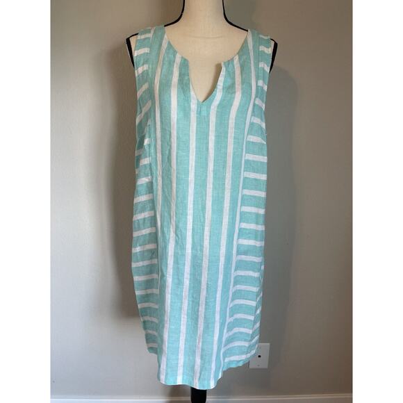 Sigrid Olsen 100% Linen Shift Dress Teal White Stripe Pockets Sleeveless Medium - Picture 1 of 10